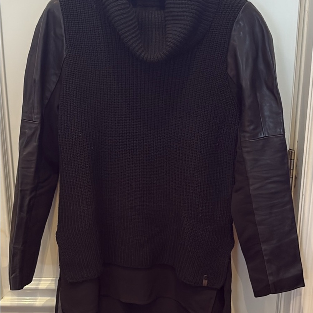 RUDSAK Black Cowl Neck Sweater with Leather Sleeves